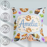 Custom Name Cute Halloween Spooky Donuts Treats Blue Background Square Filled Cushion Throw Pillow Sofa Bed Home Decor Zip Washable UK Made
