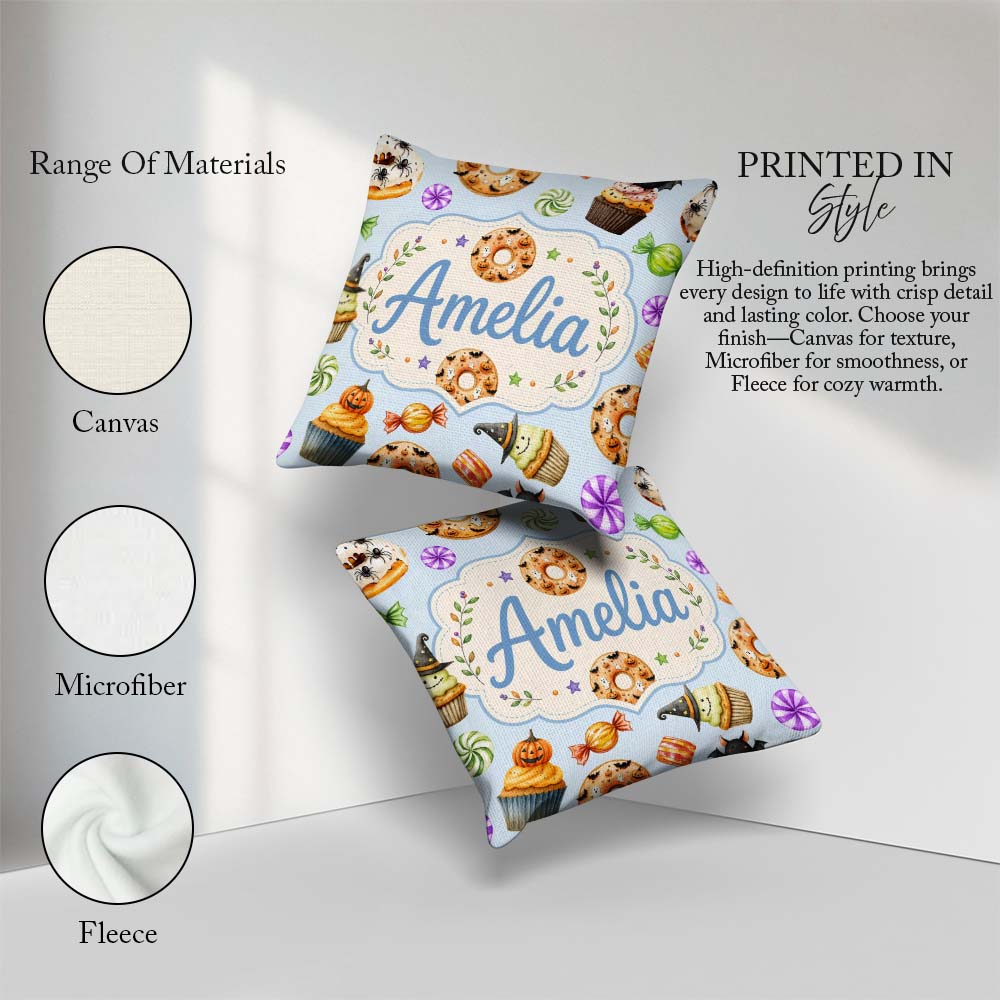 Custom Name Cute Halloween Spooky Donuts Treats Blue Background Square Filled Cushion Throw Pillow Sofa Bed Home Decor Zip Washable UK Made