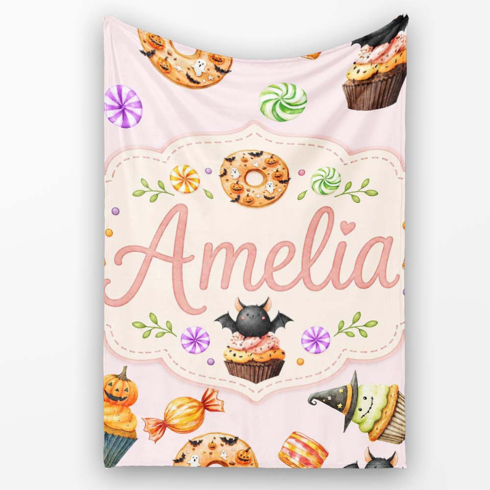 Cute Halloween Spooky Donuts Cupcakes Treats Pink Background  Personalised Custom Name Super Soft Fleece Blanket Bed Sofa Throw
