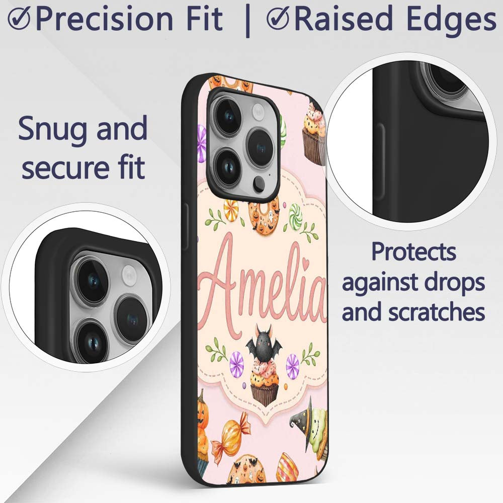 Cute Halloween Spooky Donuts Cupcakes Treats Pink Custom Name Protective Phone Case Mobile Cover Durable Everyday Smartphone Shock Resistant