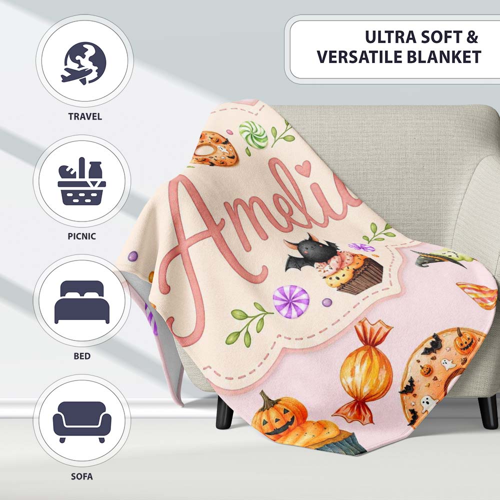 Cute Halloween Spooky Donuts Cupcakes Treats Pink Background  Personalised Custom Name Super Soft Fleece Blanket Bed Sofa Throw