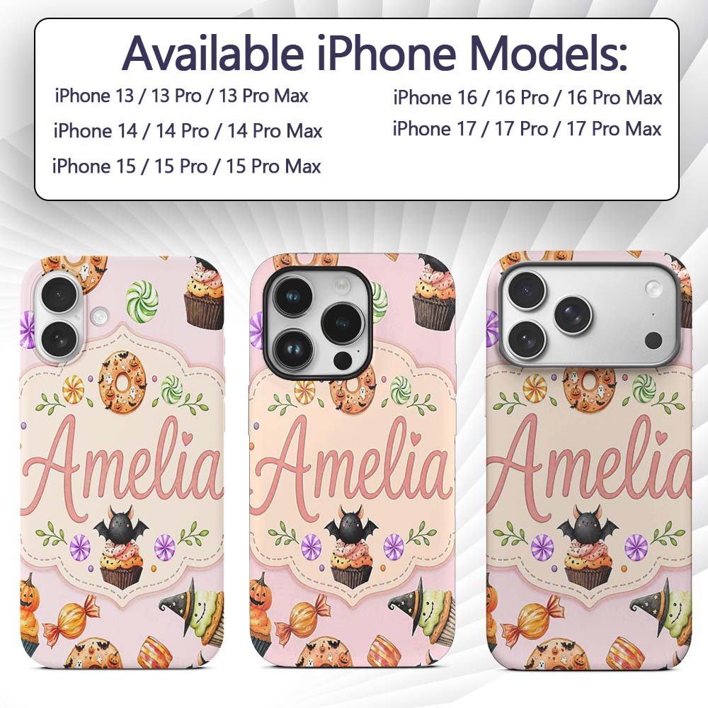 Cute Halloween Spooky Donuts Cupcakes Treats Pink Custom Name Protective Phone Case Mobile Cover Durable Everyday Smartphone Shock Resistant