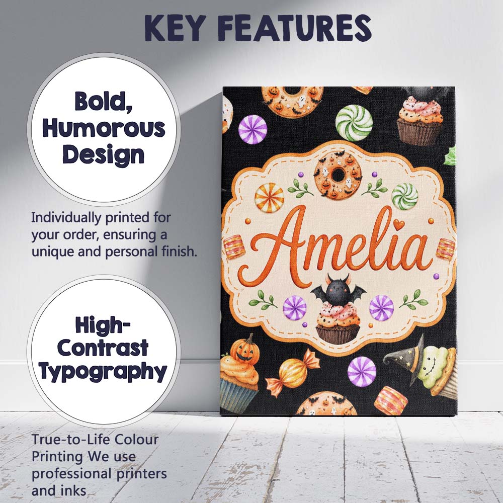 Personalised Name Cute Halloween Spooky Custom  Modern Room Accent Elegant Feature Canvas Wall Art Print Decor Picture Ready to Hang