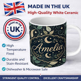 Personalized Custom Name Celestial Moth Moon Stars Botanical Night Seamless Pattern Lovely 11oz Ceramic Coffee Tea Mug White Large Handle