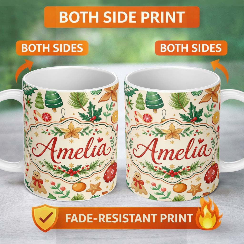 Personalized Custom Name Cute Christmas Ornaments Candy Cane Citrus Leaves Festive Seamless 11oz Ceramic Coffee Tea Mug White Large Handle