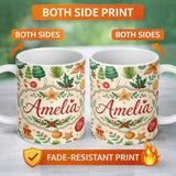 Personalized Custom Name Cute Christmas Ornaments Candy Cane Citrus Leaves Festive Seamless 11oz Ceramic Coffee Tea Mug White Large Handle