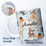Personalized Custom Name Cute Halloween Teddy Bears Mummy Witch Cat Pumpkin Stars Blue 11oz Ceramic Coffee Tea Mug White Large Handle