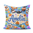 Custom Name Cute Spooky Donut Cupcakes Treat Sky Blue Background Square Filled Cushion Throw Pillow Sofa Bed Home Decor Zip Washable UK Made