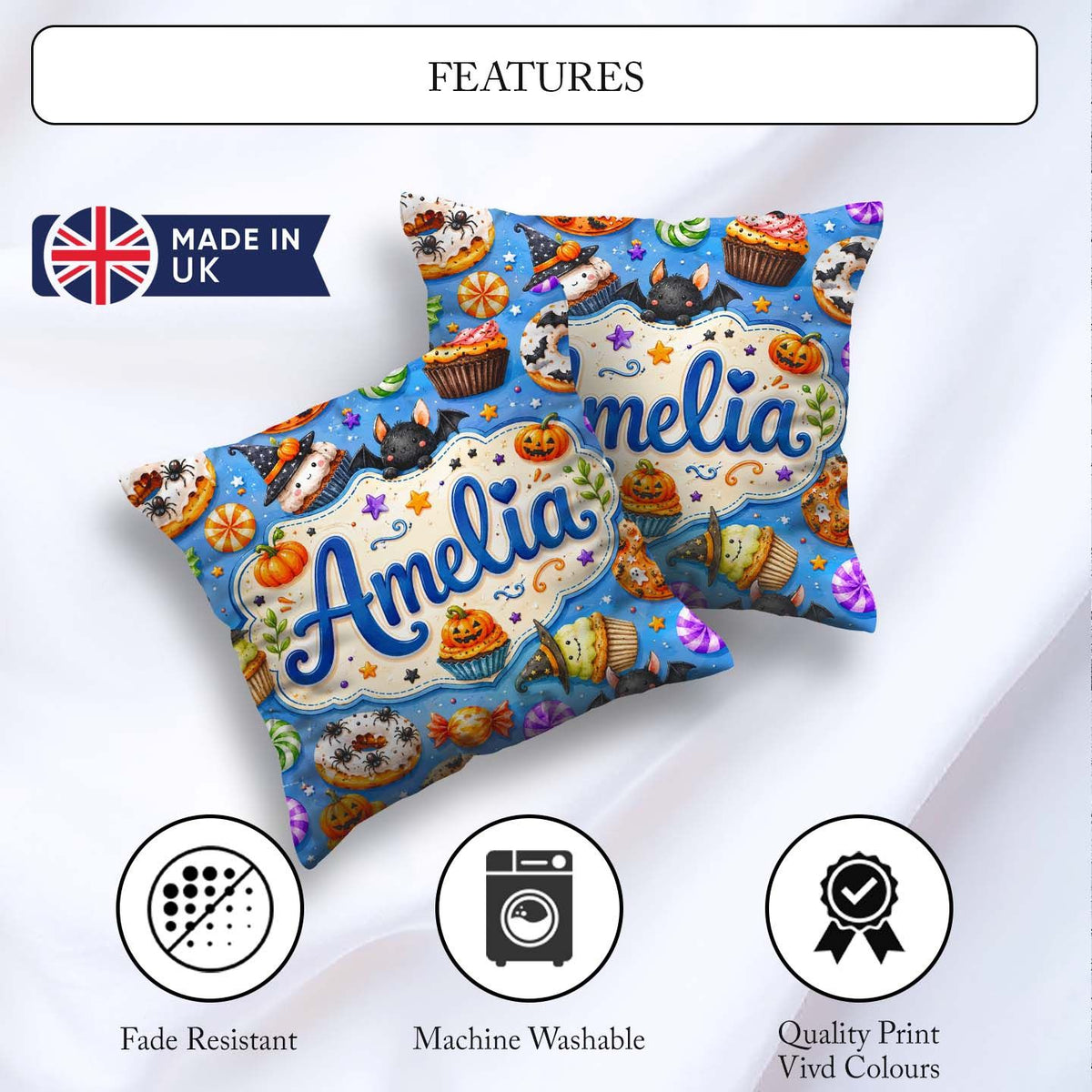 Custom Name Cute Spooky Donut Cupcakes Treat Sky Blue Background Square Filled Cushion Throw Pillow Sofa Bed Home Decor Zip Washable UK Made
