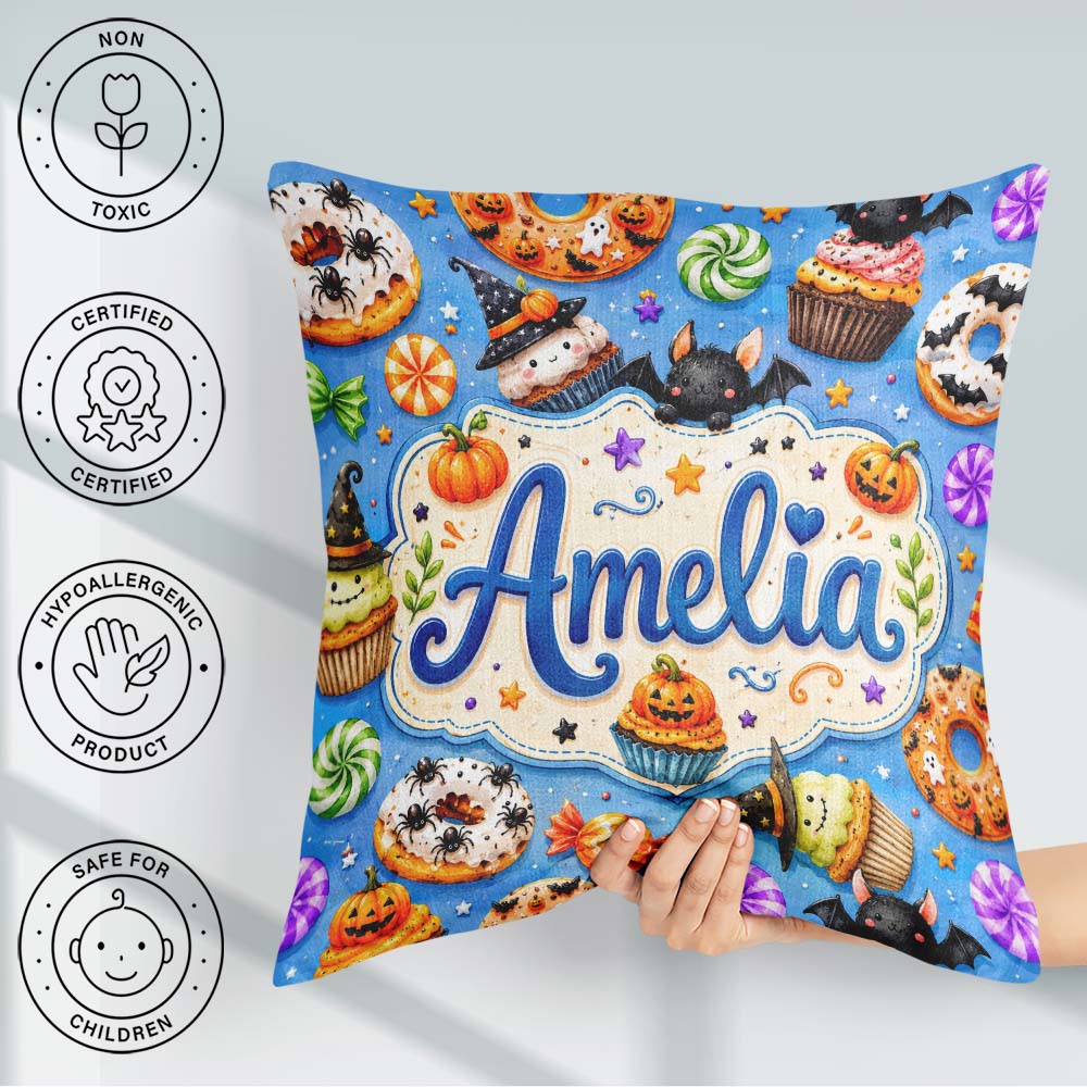 Custom Name Cute Spooky Donut Cupcakes Treat Sky Blue Background Square Filled Cushion Throw Pillow Sofa Bed Home Decor Zip Washable UK Made