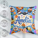 Custom Name Cute Spooky Donut Cupcakes Treat Sky Blue Background Square Filled Cushion Throw Pillow Sofa Bed Home Decor Zip Washable UK Made