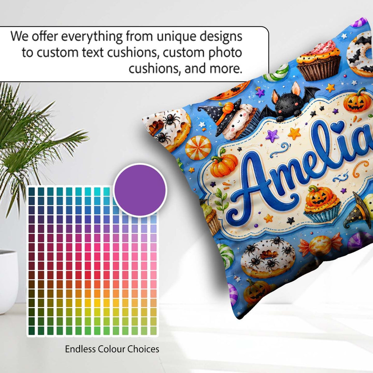 Custom Name Cute Spooky Donut Cupcakes Treat Sky Blue Background Square Filled Cushion Throw Pillow Sofa Bed Home Decor Zip Washable UK Made