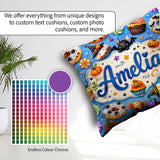 Custom Name Cute Spooky Donut Cupcakes Treat Sky Blue Background Square Filled Cushion Throw Pillow Sofa Bed Home Decor Zip Washable UK Made
