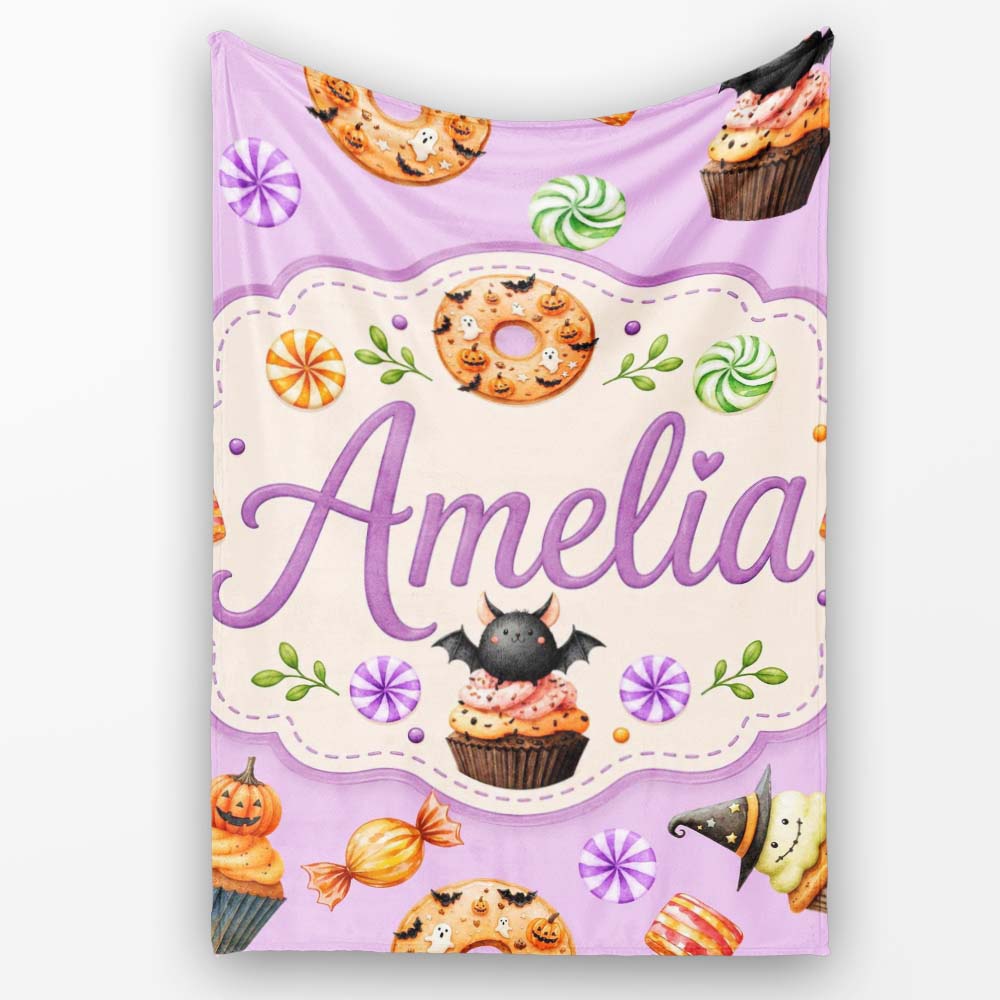 Cute Halloween Spooky Donuts Cupcakes Treats Purple Background  Personalised Custom Name Super Soft Fleece Blanket Bed Sofa Throw