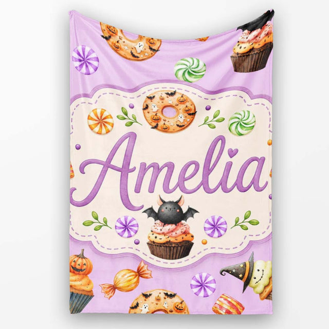 Cute Halloween Spooky Donuts Cupcakes Treats Purple Background  Personalised Custom Name Super Soft Fleece Blanket Bed Sofa Throw