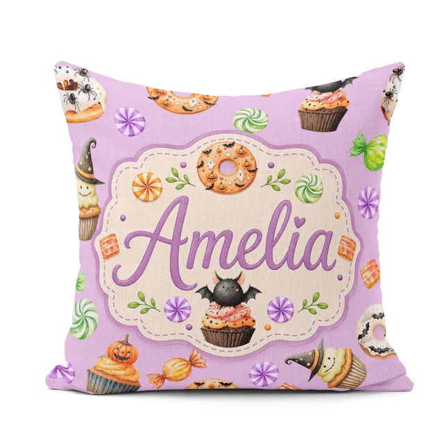 Custom Name Cute Spooky Donuts Cupcakes Treats Purple Background Square Filled Cushion Throw Pillow Sofa Bed Home Decor Zip Washable UK Made