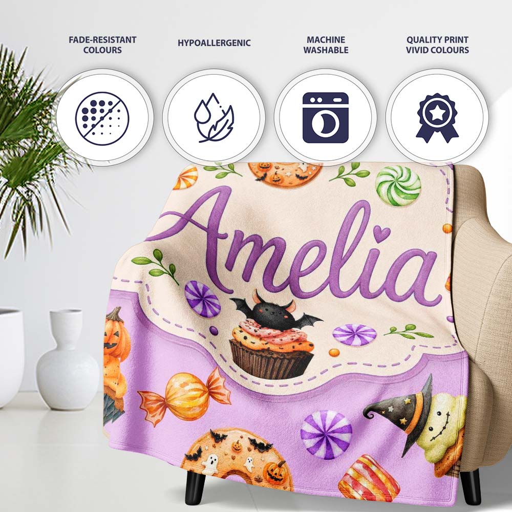 Cute Halloween Spooky Donuts Cupcakes Treats Purple Background  Personalised Custom Name Super Soft Fleece Blanket Bed Sofa Throw
