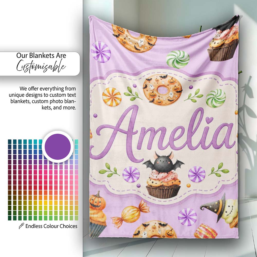 Cute Halloween Spooky Donuts Cupcakes Treats Purple Background  Personalised Custom Name Super Soft Fleece Blanket Bed Sofa Throw