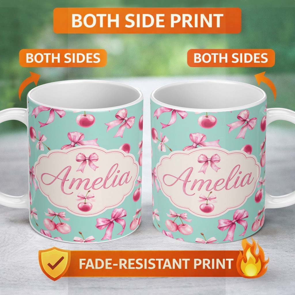 Personalized Custom Name Watercolor Pink Cherry Ribbon Bow Seamless Pattern Mint Green Lovely 11oz Ceramic Coffee Tea Mug White Large Handle