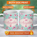 Personalized Custom Name Watercolor Pink Cherry Ribbon Bow Seamless Pattern Mint Green Lovely 11oz Ceramic Coffee Tea Mug White Large Handle