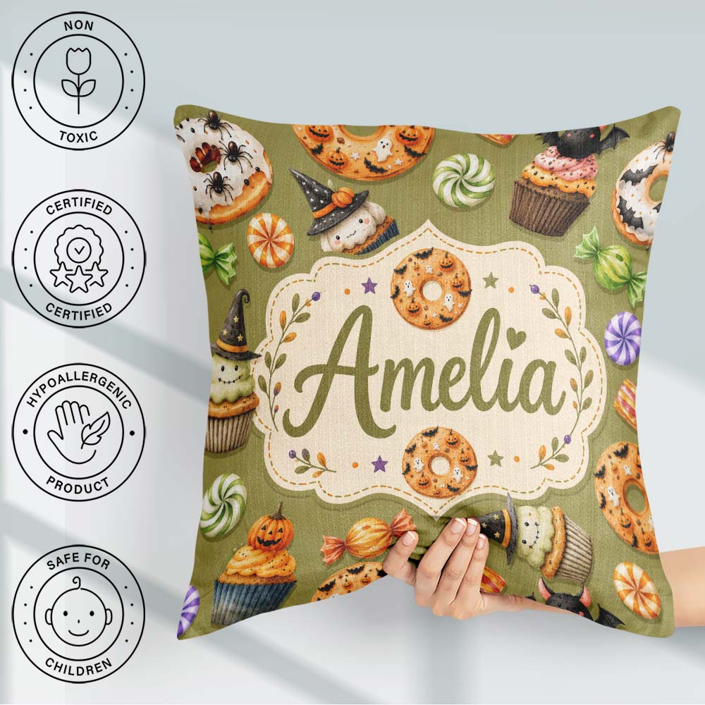 Custom Name Cute Halloween Spooky Donuts Treats Olive Background Square Filled Cushion Throw Pillow Sofa Bed Home Decor Zip Washable UK Made