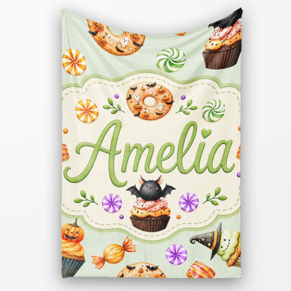 Cute Halloween Donuts Sweet Spooky Treats Soft Sage Background  Personalised Custom Name Super Soft Fleece Blanket Bed Sofa Throw