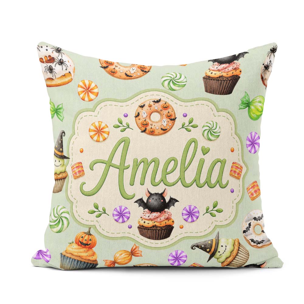 Custom Name Cute Donuts Sweet Spooky Treats Soft Sage Background Square Filled Cushion Throw Pillow Sofa Bed Home Decor Zip Washable UK Made