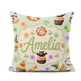 Custom Name Cute Donuts Sweet Spooky Treats Soft Sage Background Square Filled Cushion Throw Pillow Sofa Bed Home Decor Zip Washable UK Made