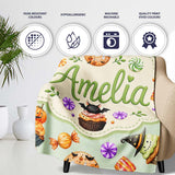 Cute Halloween Donuts Sweet Spooky Treats Soft Sage Background  Personalised Custom Name Super Soft Fleece Blanket Bed Sofa Throw