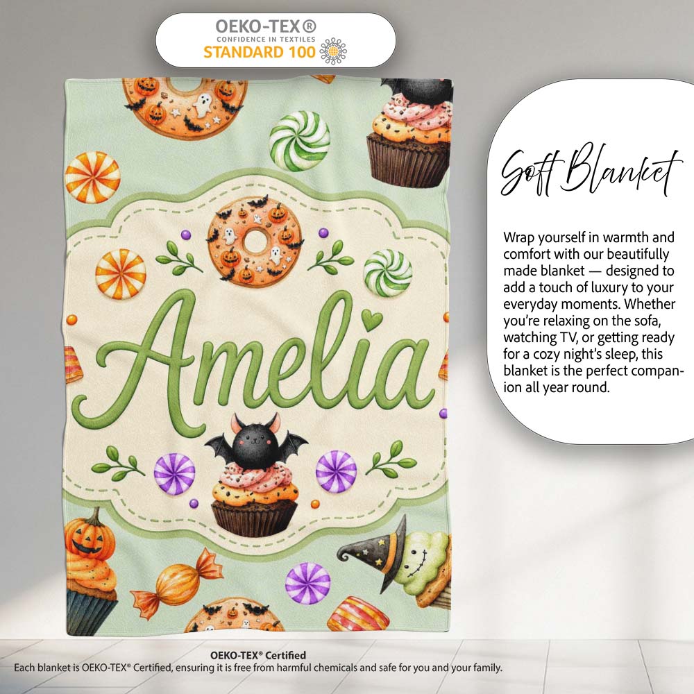 Cute Halloween Donuts Sweet Spooky Treats Soft Sage Background  Personalised Custom Name Super Soft Fleece Blanket Bed Sofa Throw