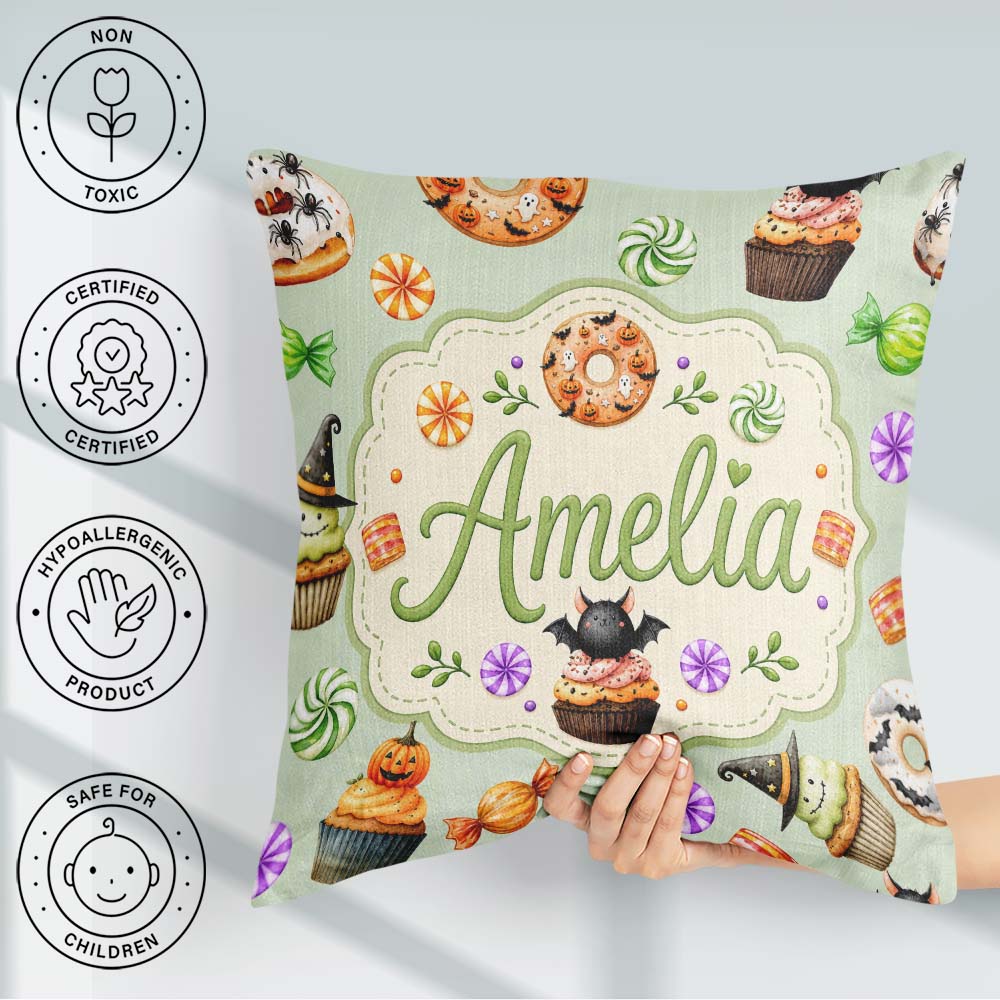 Custom Name Cute Donuts Sweet Spooky Treats Soft Sage Background Square Filled Cushion Throw Pillow Sofa Bed Home Decor Zip Washable UK Made