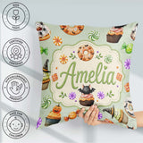 Custom Name Cute Donuts Sweet Spooky Treats Soft Sage Background Square Filled Cushion Throw Pillow Sofa Bed Home Decor Zip Washable UK Made