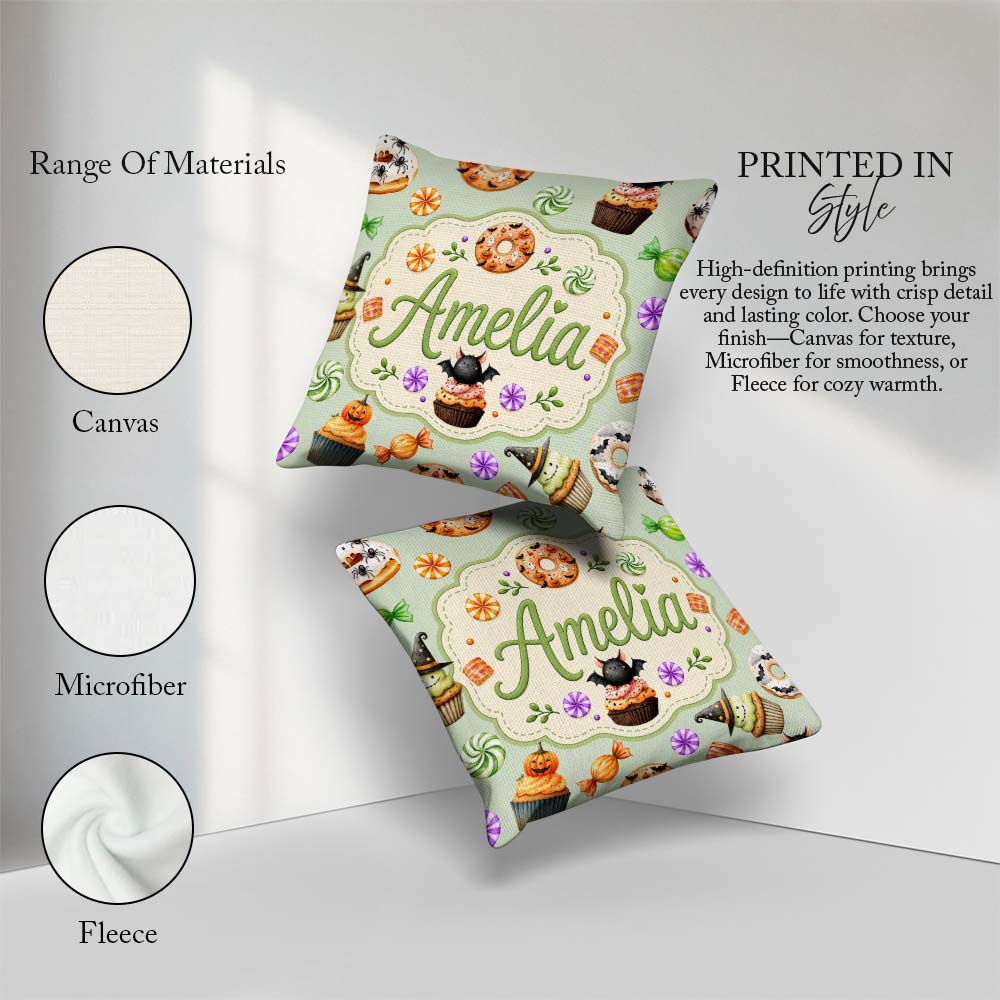 Custom Name Cute Donuts Sweet Spooky Treats Soft Sage Background Square Filled Cushion Throw Pillow Sofa Bed Home Decor Zip Washable UK Made
