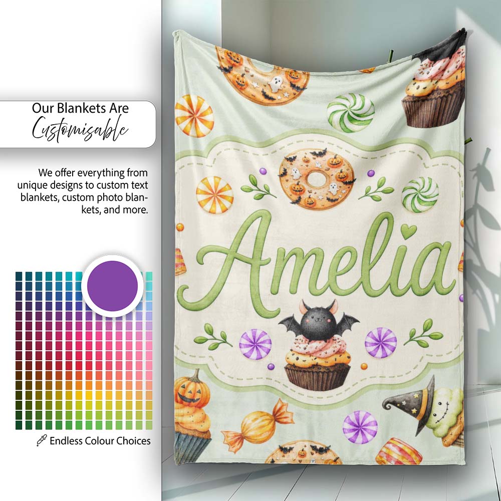 Cute Halloween Donuts Sweet Spooky Treats Soft Sage Background  Personalised Custom Name Super Soft Fleece Blanket Bed Sofa Throw