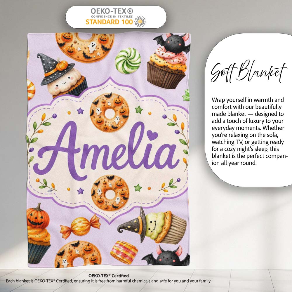 Cute Halloween Donut Sweet Spooky Treats Soft Lilac Background  Personalised Custom Name Super Soft Fleece Blanket Bed Sofa Throw
