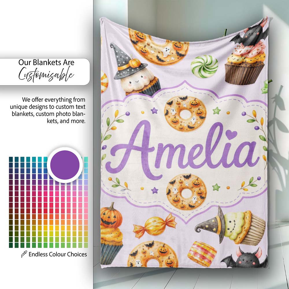 Cute Halloween Donut Sweet Spooky Treats Soft Lilac Background  Personalised Custom Name Super Soft Fleece Blanket Bed Sofa Throw