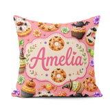 Custom Name Halloween Donuts Sweet Spooky Treats Pink Background Square Filled Cushion Throw Pillow Sofa Bed Home Decor Zip Washable UK Made