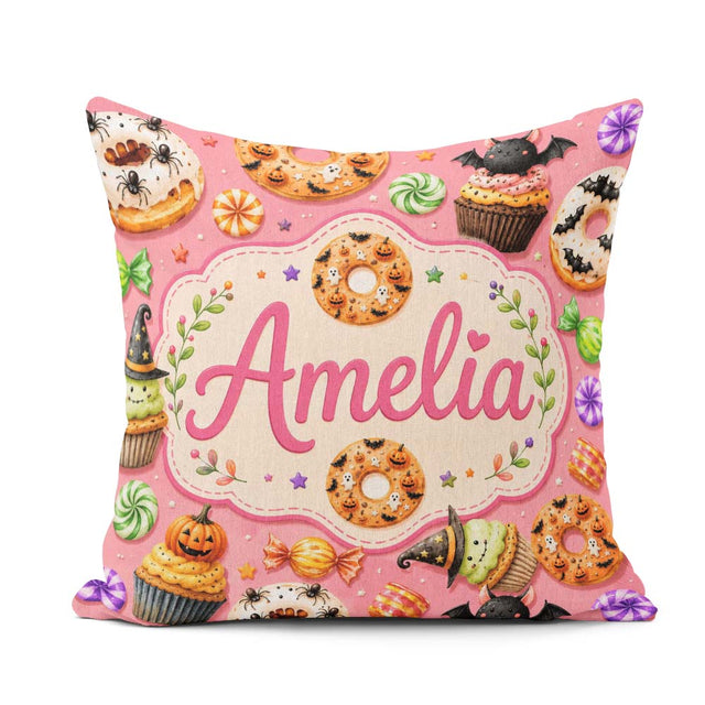 Custom Name Halloween Donuts Sweet Spooky Treats Pink Background Square Filled Cushion Throw Pillow Sofa Bed Home Decor Zip Washable UK Made