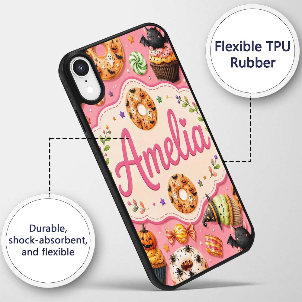 Cute Halloween Donuts Sweet Spooky Treats Pink Custom Name Protective Phone Case Mobile Cover Durable Everyday Smartphone Shock Resistant