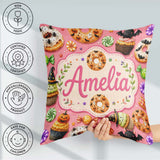 Custom Name Halloween Donuts Sweet Spooky Treats Pink Background Square Filled Cushion Throw Pillow Sofa Bed Home Decor Zip Washable UK Made