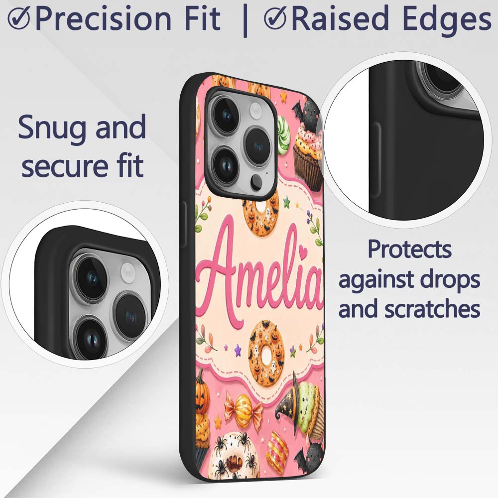 Cute Halloween Donuts Sweet Spooky Treats Pink Custom Name Protective Phone Case Mobile Cover Durable Everyday Smartphone Shock Resistant