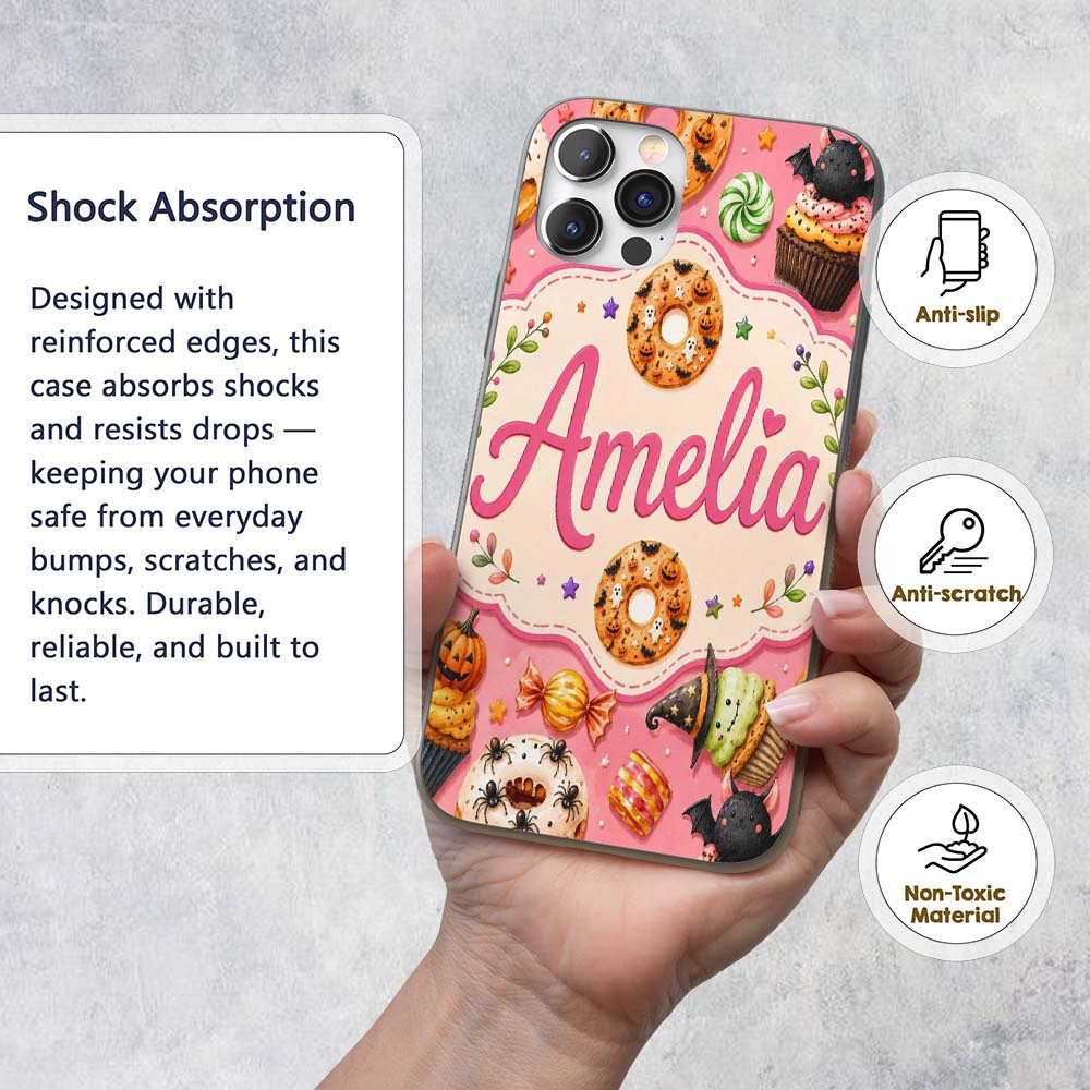 Cute Halloween Donuts Sweet Spooky Treats Pink Custom Name Protective Phone Case Mobile Cover Durable Everyday Smartphone Shock Resistant