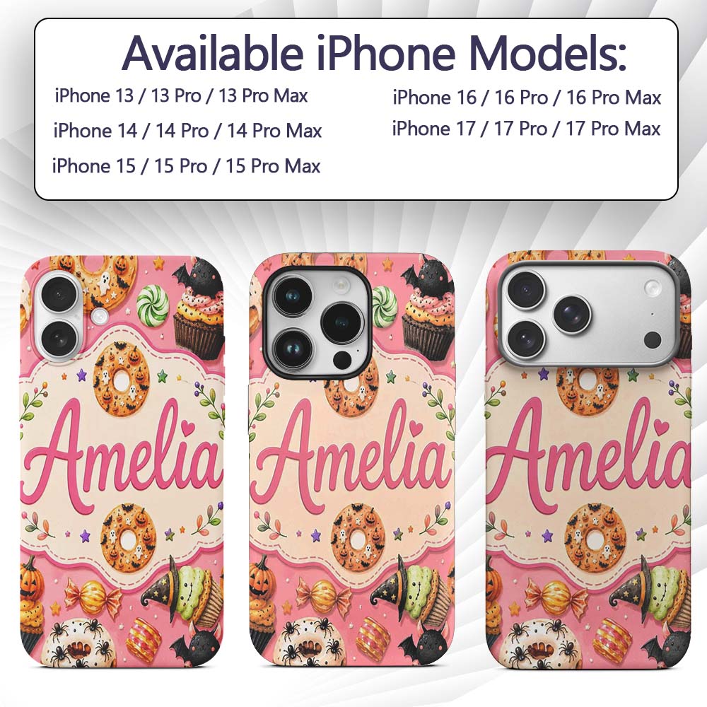 Cute Halloween Donuts Sweet Spooky Treats Pink Custom Name Protective Phone Case Mobile Cover Durable Everyday Smartphone Shock Resistant