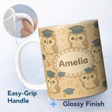 Personalized Custom Name Cute Graduation Owl Cartoon Animal Pattern Cute Unique Gift Lovely 11oz Ceramic Coffee Tea Mug White Large Handle
