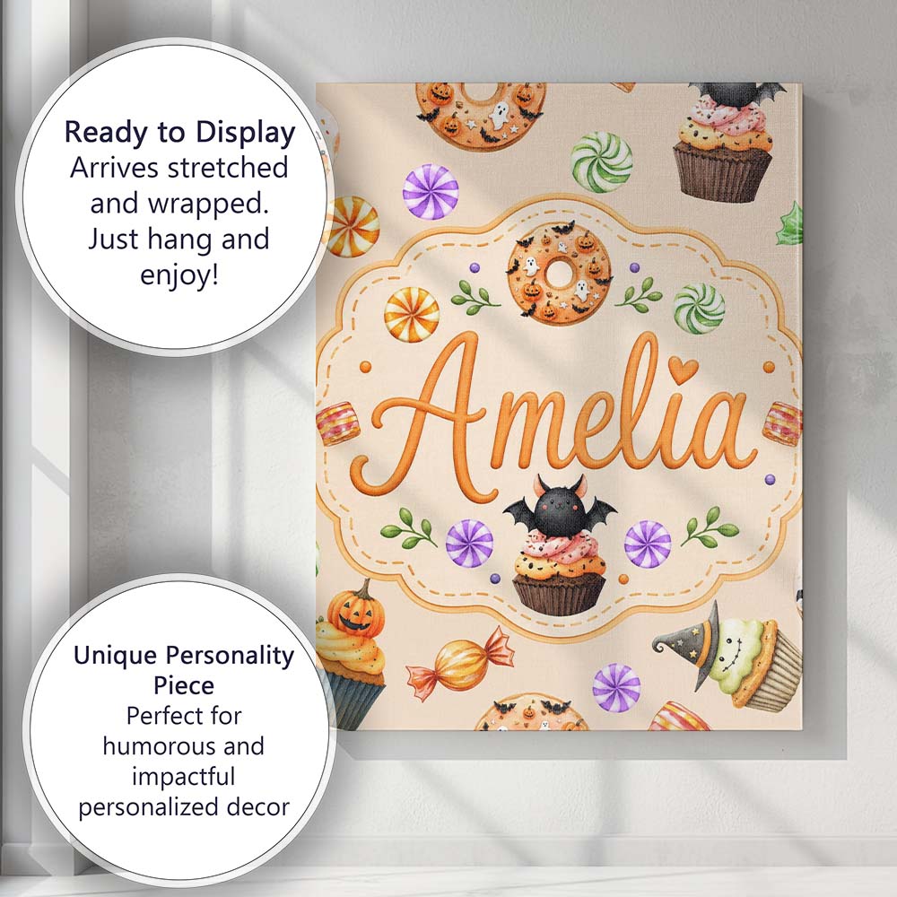 Personalised Name Cute Halloween Donuts Custom  Modern Room Accent Elegant Feature Canvas Wall Art Print Decor Picture Ready to Hang