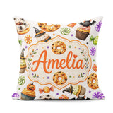 Custom Name Halloween Donut Spooky Treats Light Grey Background Square Filled Cushion Throw Pillow Sofa Bed Home Decor Zip Washable UK Made