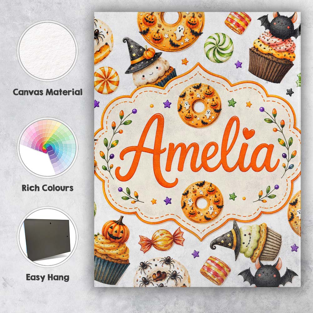 Personalised Name Cute Halloween Donut Custom  Modern Room Accent Elegant Feature Canvas Wall Art Print Decor Picture Ready to Hang
