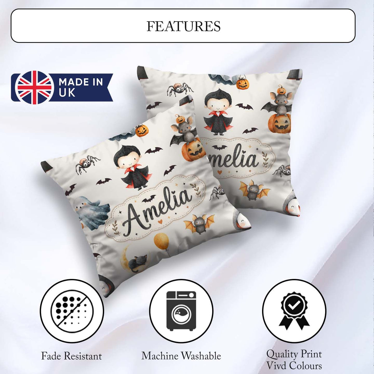 Custom Name Halloween Vampire Ghost Bats Spooky Cream Background Square Filled Cushion Throw Pillow Sofa Bed Home Decor Zip Washable UK Made