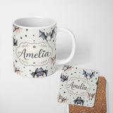 Personalized Custom Name Cute Baby Bats Flying with Stars Soft Grey Background Seamless 11oz Ceramic Coffee Tea Mug White Large Handle