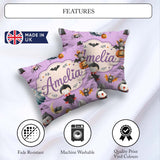 Custom Name Halloween Ghost Bat Spooky Character Purple Seamless Square Filled Cushion Throw Pillow Sofa Bed Home Decor Zip Washable UK Made